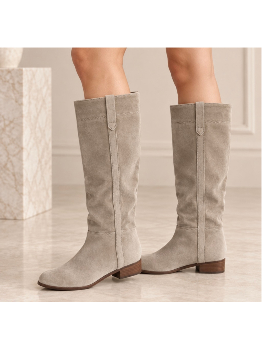 Veronica Beard Suede Knee High Boots, Size 9, Beige Wide Calf-Read